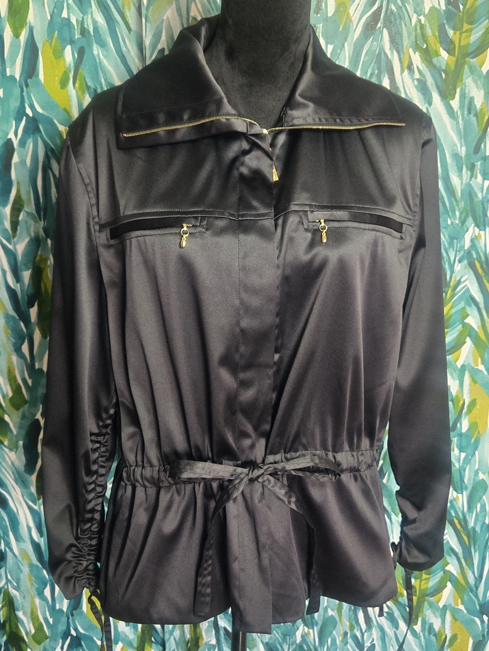 VTG St. John Sport by Marie Gray Black Satin Zip Jacket Drawstring Waist